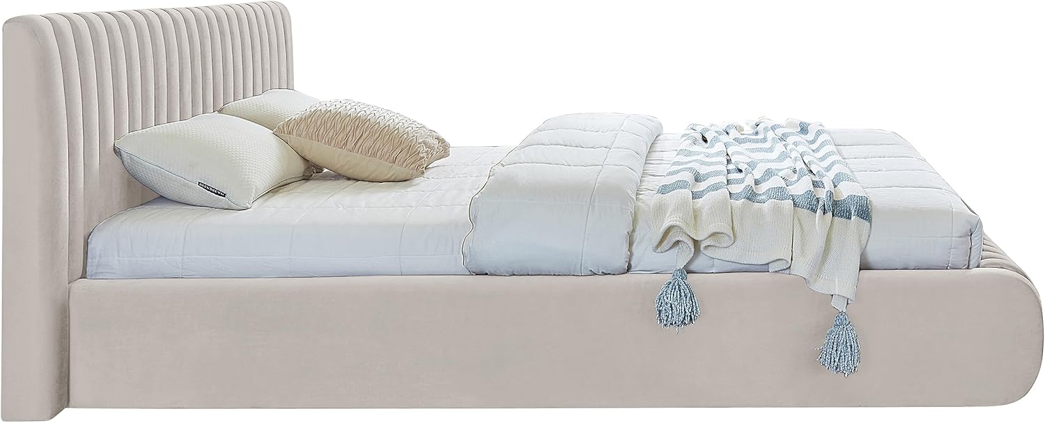 Meridian Furniture NicoCream-K Nico Collection Modern | Contemporary Velvet Upholstered King Bed with Rich Cream Velvet and Deep Channel Tufting, 89' W x 91' D x 38' H, Cream, King
