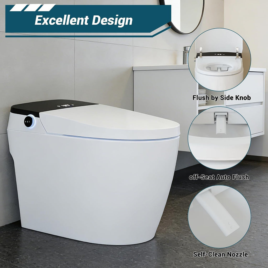 Garvee Smart Toilet with Bidet, One-Piece Design, Heated Seat & Auto Open/Close Lid, Foot Sensing & Automatic Flush, Warm Water Wash & Dryer, LED Display & Night Light, Built-in Tank (White/Black)