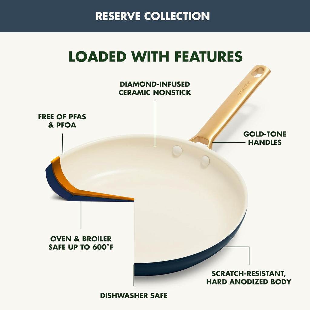 GreenPan Hard Anodized Healthy Ceramic Nonstick 8' 10' and 12' 3 Piece Frying Pan Skillet Set, Gold Handle, Induction, PFAS-Free, Dishwasher Safe, Oven Safe, Twilight Blue