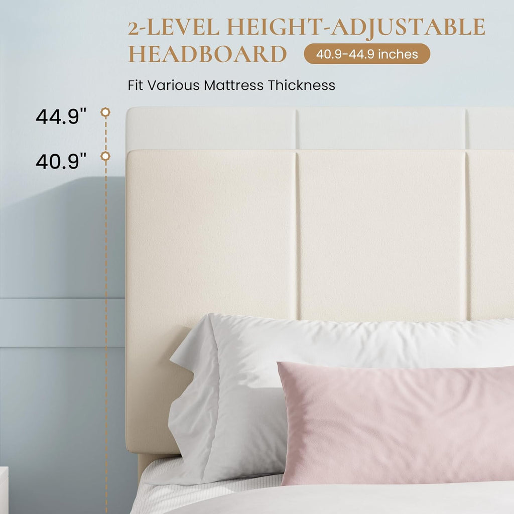 SHA CERLIN King Size Bed Frame, Dutch Velvet Upholstered Platform Bed, Vertical Channel Tufted Adjustable Headboard, Low Profile Bed Frame, No Box Spring Needed, Easy Assembly, Cream
