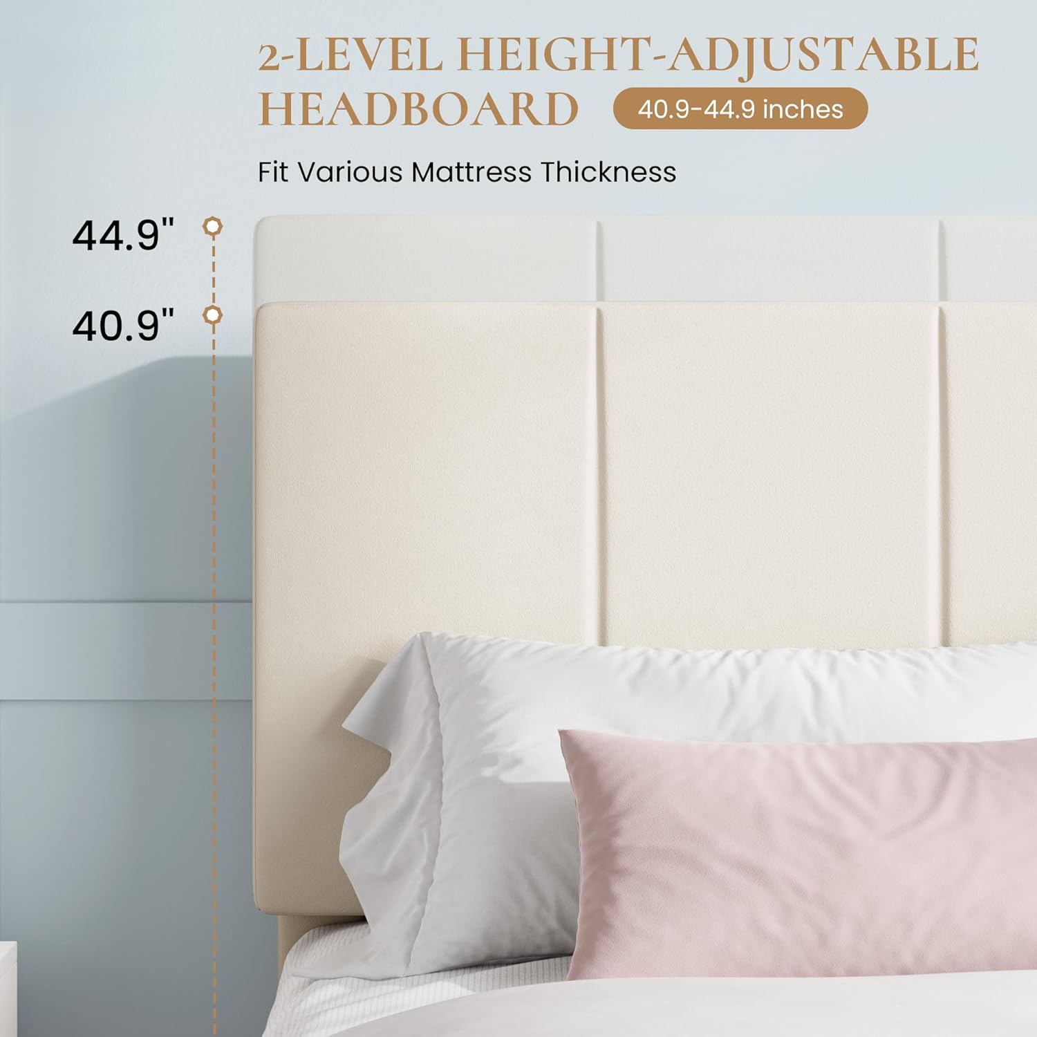 SHA CERLIN King Size Bed Frame, Dutch Velvet Upholstered Platform Bed, Vertical Channel Tufted Adjustable Headboard, Low Profile Bed Frame, No Box Spring Needed, Easy Assembly, Cream