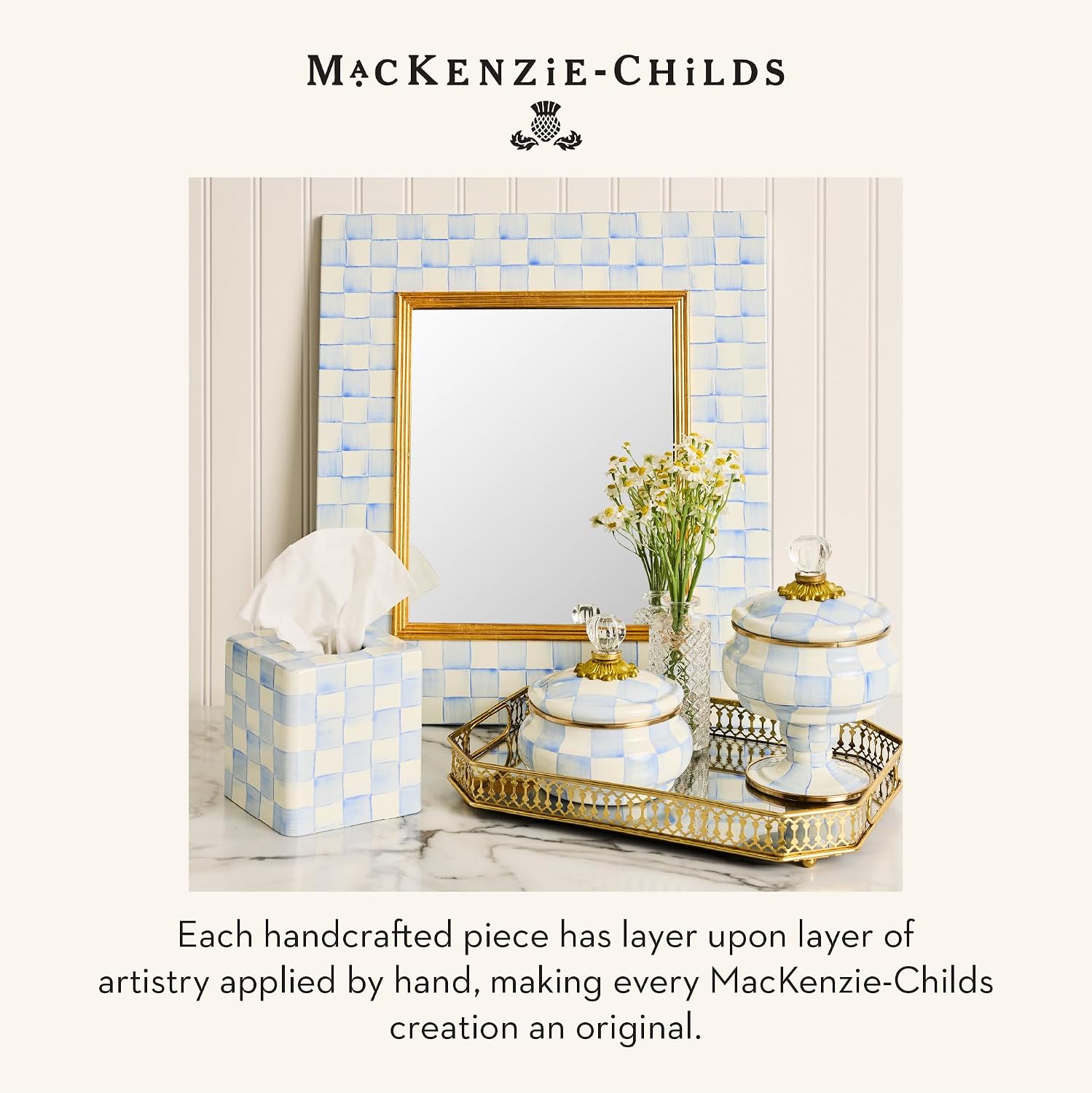 MACKENZIE-CHILDS Enamel Toilet-Tissue Storage, Decorative Toilet-Paper-Holder Stand for Bathroom, Light-Blue-and-White Sky Check