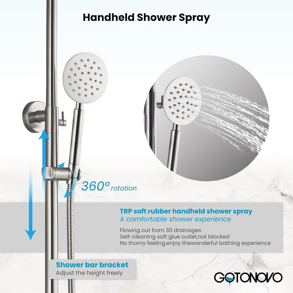 gotonovo Stainless Steel SUS304 Silver Shower faucet Set Wall Mount Triple Function Shower System 8 inches Shower Head Bathroom Adjustable Hand Spray Rainfall Brushed Nickel Shower Faucet Complete Set