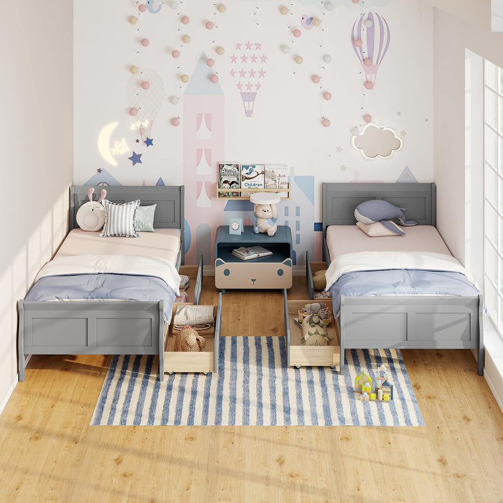 KOMFOTT 2 Twin Bed with 2 Drawers, Twin Storage Bed with Headboard for Bedroom, Sleigh Wood Bed Frame with Wooden Slats Support for Kids, Teens, Adults, No Box Spring Needed (Grey)
