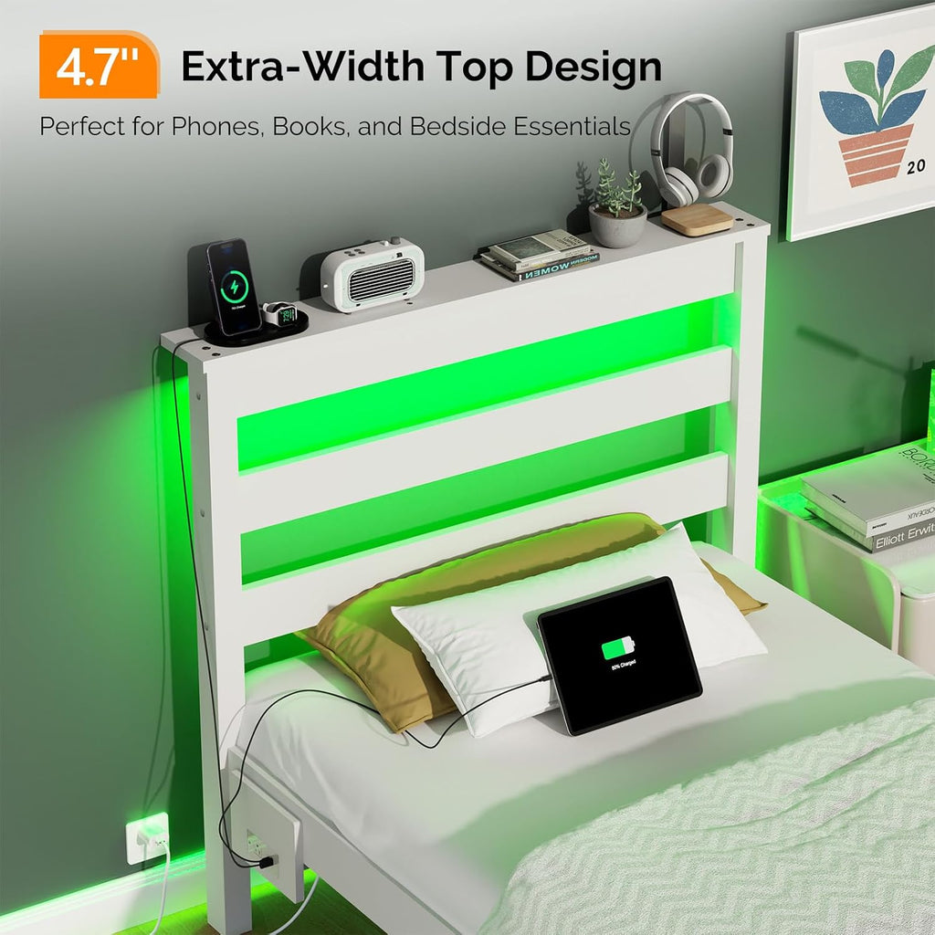 VINGLI LED Twin Bed Frame Set of 2 Solid Wood Platform Single Bed with Headboard Shelf USB Charging Station,Panel Bed, Wood Slat Support Mattress Foundation, White
