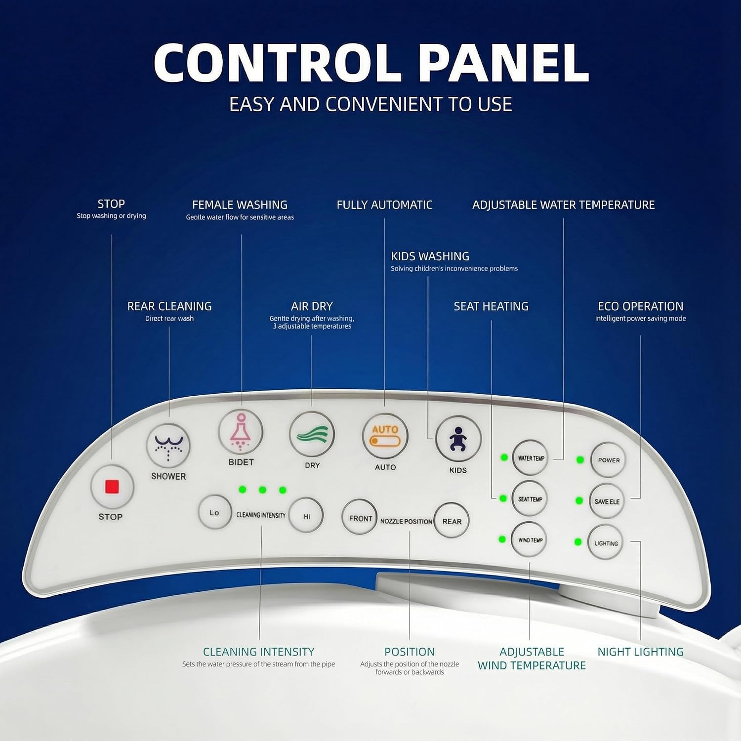 Electric Heated Bidet Toilet Seat with Touch Panel, Warm Water Wash, Self-Cleaning Nozzle, Warm Air Dryer, Deodorizer, Soft-Close Lid, LED Display & Night Light, Easy Install, Elongated