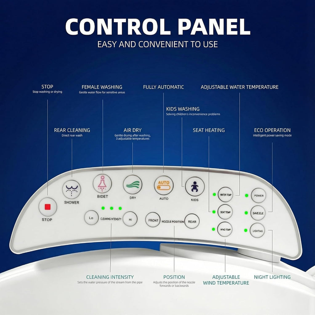 Smart Heated Toilet Seat for Short V-Shaped Toilets – Bidet Warm Water Wash, Self-Cleaning Nozzle, Warm Air Dryer, Deodorizer, Soft-Close Lid, LED Night Light & Touch Panel, Easy Install