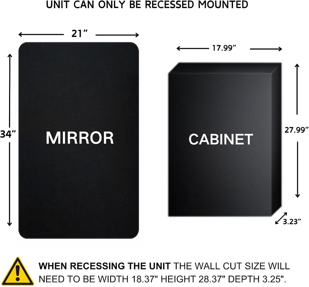 TEHOME Farmhouse Matt Black Recessed Bathroom Medicine Cabinet with Mirror Rounded Rectangle Metal Framed Medicine Cabinet with Beveled Mirror 21x34''