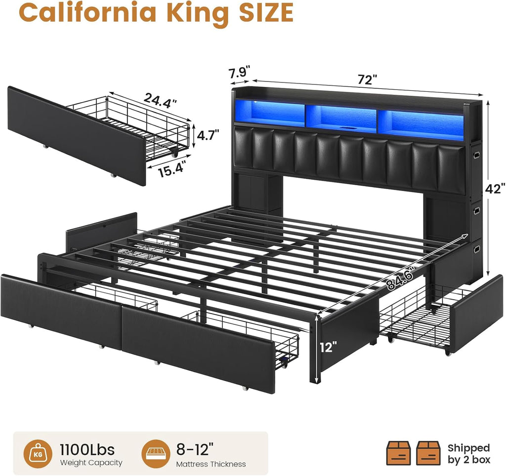 ADORNEVE California King Bed Frame with 10 Storage Drawers & RGB Bookcase Headboard, PU Upholstered Cal King Bed with Charging Station, Heavy Duty Metal Slats, No Box Spring Needed, Black