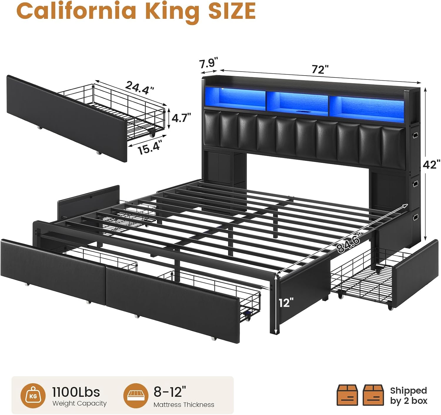 ADORNEVE California King Bed Frame with 10 Storage Drawers & RGB Bookcase Headboard, PU Upholstered Cal King Bed with Charging Station, Heavy Duty Metal Slats, No Box Spring Needed, Black