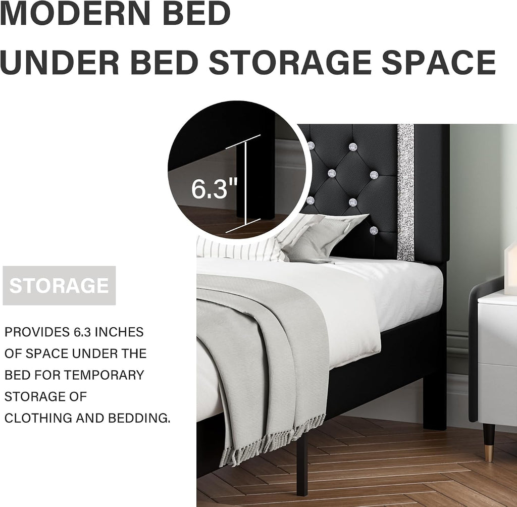 BarnFurin Queen Bed Frame with Headboard, Faux Leather Upholstered Bed with Button Tufted Headboard, Modern Platform Bed Frame with Diamond Design, No Box Spring Required, Easy Assembly, Black