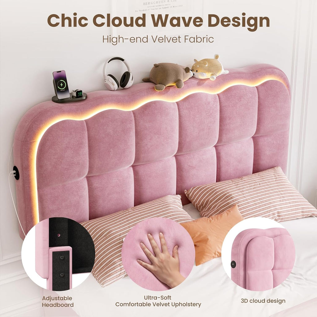 CypBed Full Size Bed Frame with 4 Storage Drawers & LED Lights, Velvet Upholstered Platform Bed Frame with Charing Station and Adjustable Headboard, Wood Slats Support, No Box Spring Needed, Pink