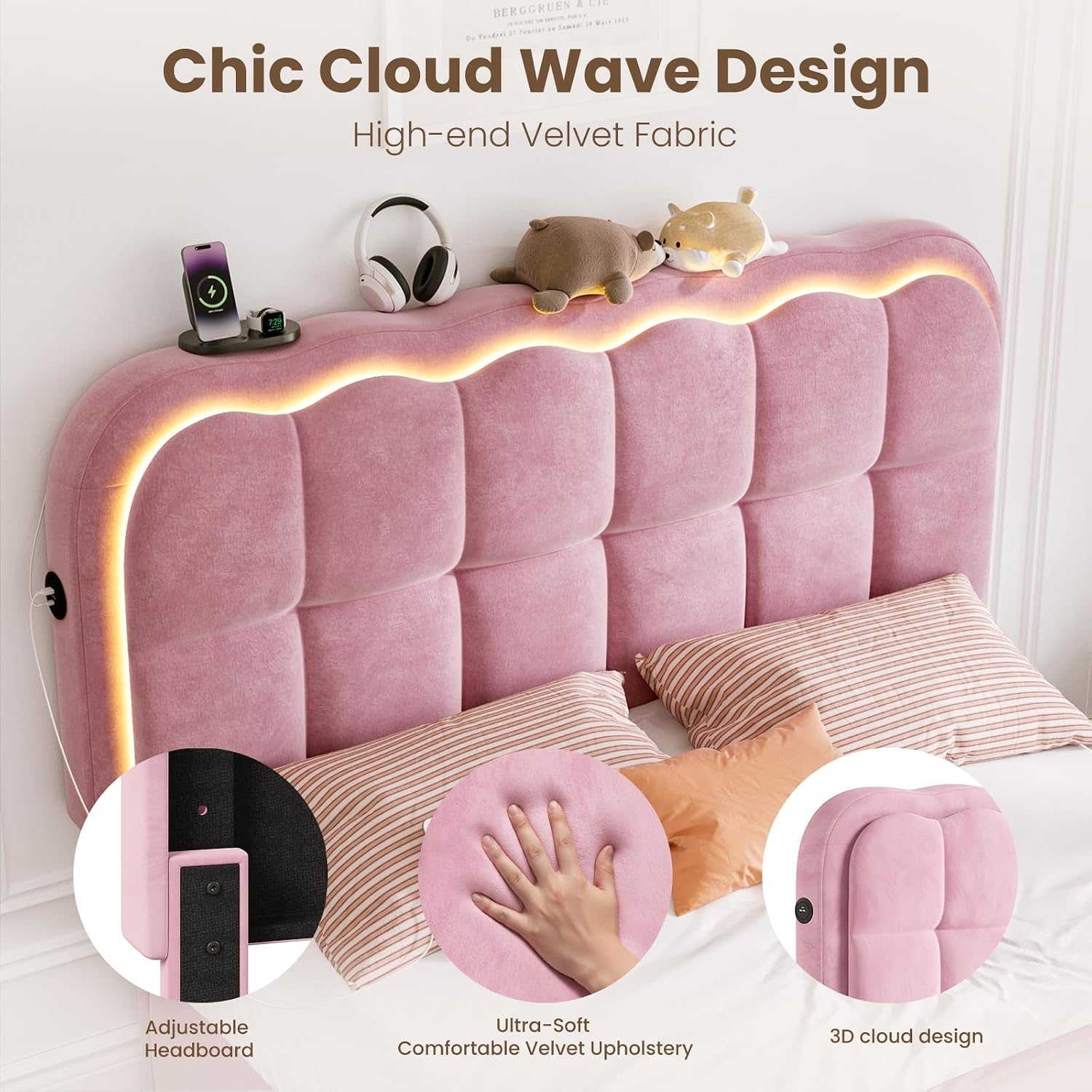 CypBed Full Size Bed Frame with 4 Storage Drawers & LED Lights, Velvet Upholstered Platform Bed Frame with Charing Station and Adjustable Headboard, Wood Slats Support, No Box Spring Needed, Pink