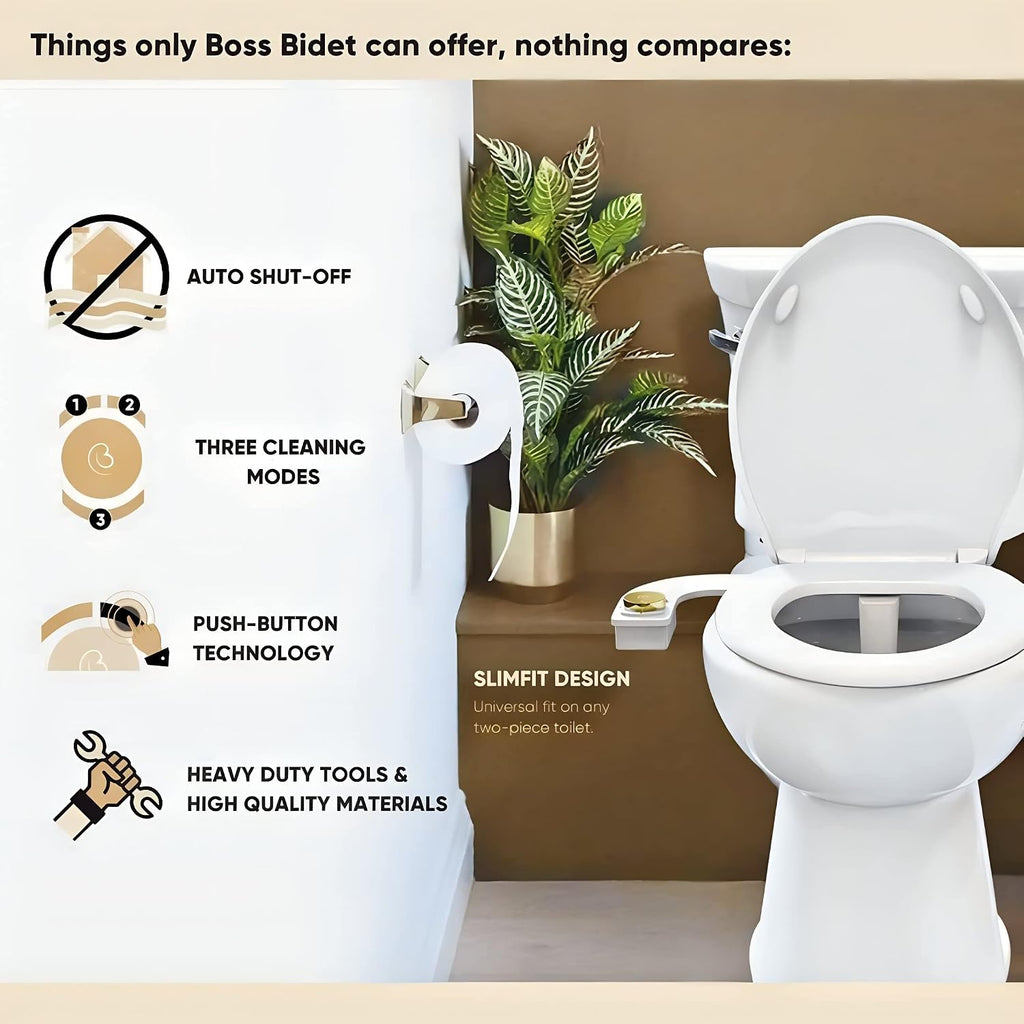 Revolution. Bidet attachment for toilet. Luxury design, bathroom bidet sprayer for toilet, auto shut off, non electric, dual nozzle, feminine wash, self cleaning. Jerusalem Gold and white.