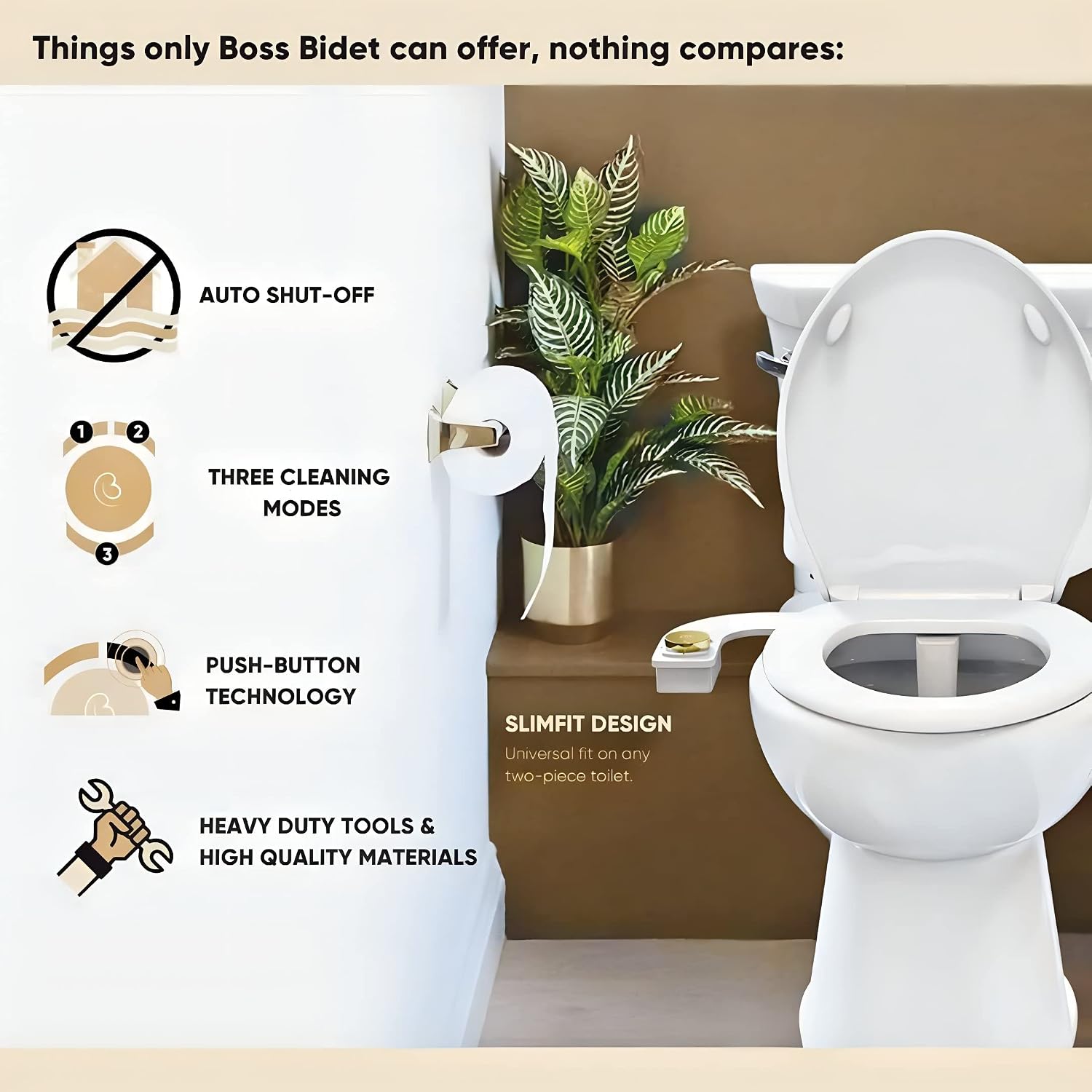 Revolution. Bidet attachment for toilet. Luxury design, bathroom bidet sprayer for toilet, auto shut off, non electric, dual nozzle, feminine wash, self cleaning. Jerusalem Gold and white.
