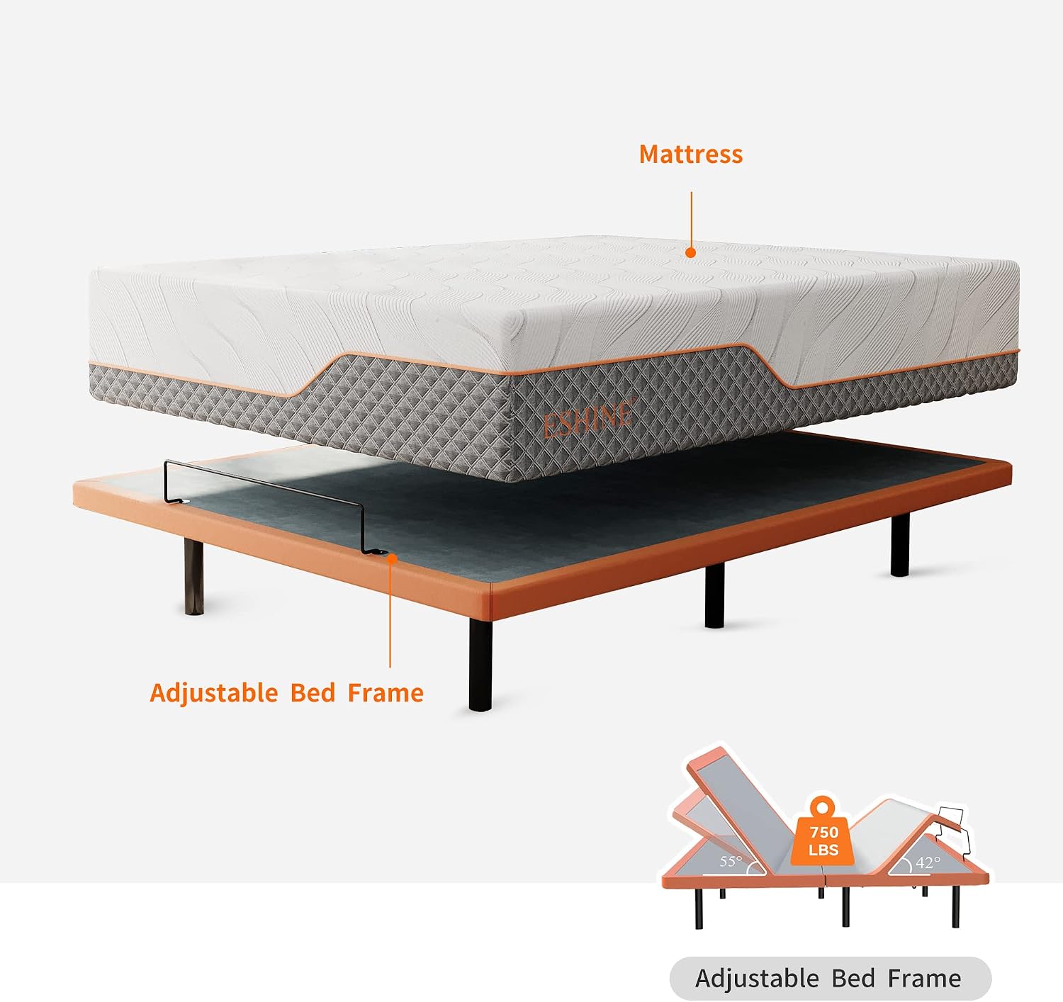 ESHINE Queen Adjustable Bed Frame - 14' Luxury Gel Memory Foam Hybrid Mattress, 5 Minutes Installation, 609 Independent Pocket Springs, Massage, Medium Soft, 3000 Premium Series