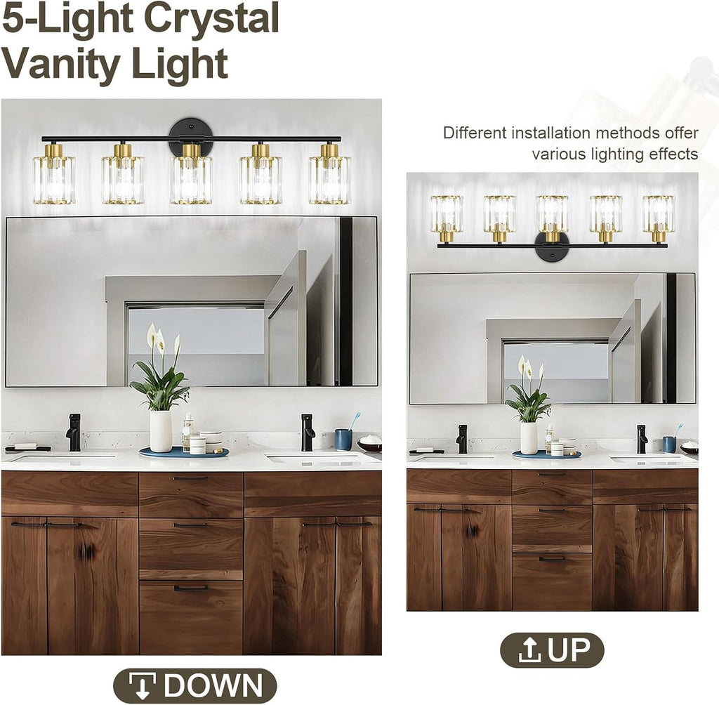 Crystal Bathroom Light Fixtures, Bathroom Lighting Fixtures Over Mirror, Modern Black Gold 5-Light Vanity Lights for Mirror,Restroom, Bedroom (Ceramic E26 Socket,Bulbs Not Include)
