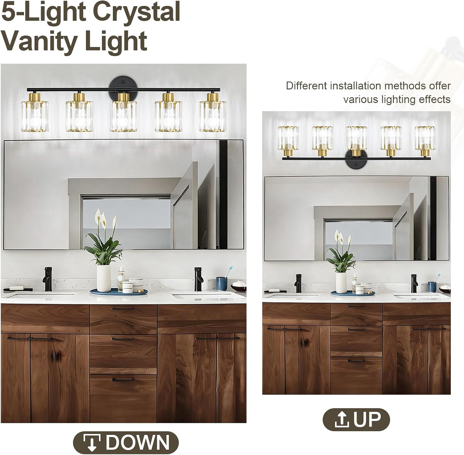 Crystal Bathroom Light Fixtures, Bathroom Lighting Fixtures Over Mirror, Modern Black Gold 5-Light Vanity Lights for Mirror,Restroom, Bedroom (Ceramic E26 Socket,Bulbs Not Include)