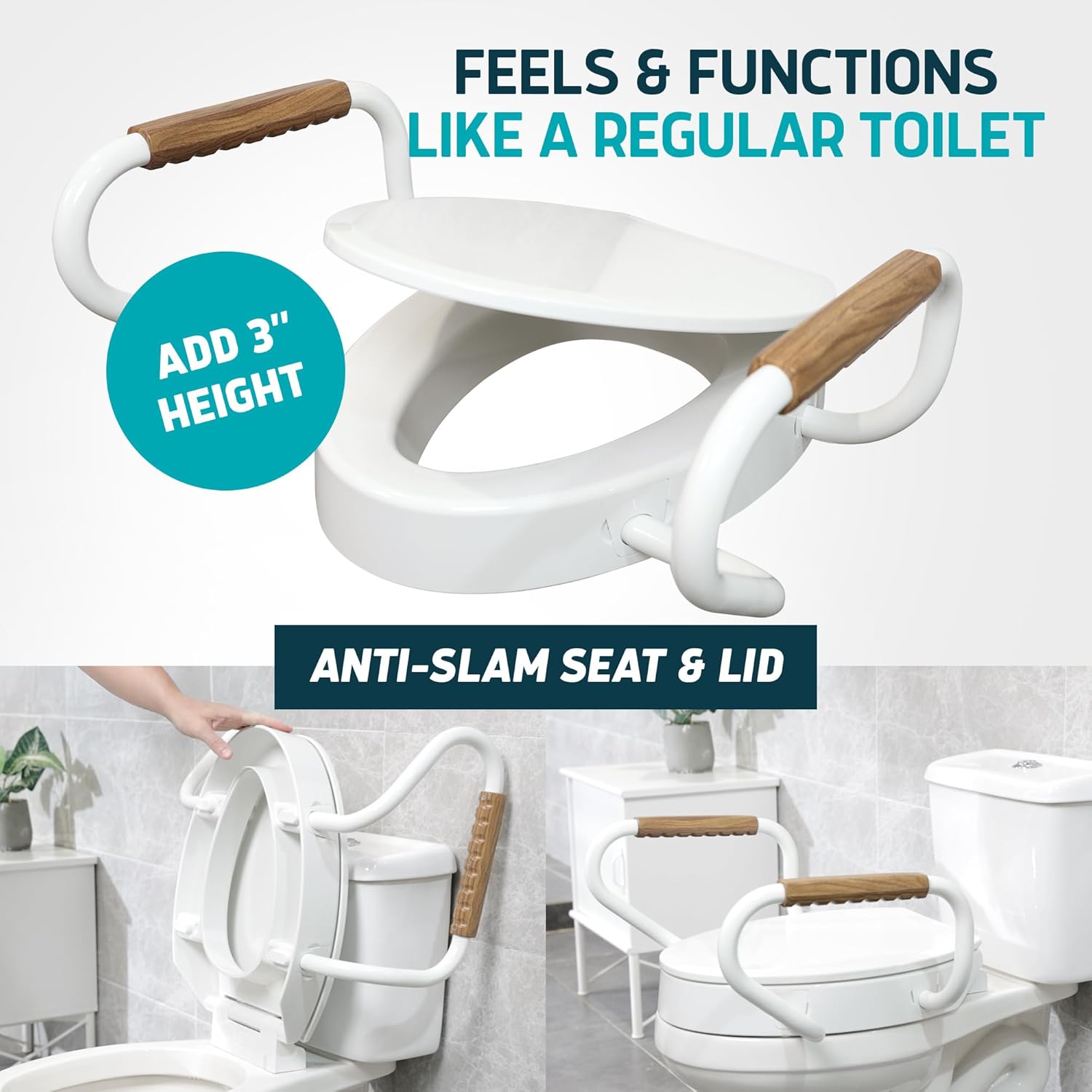 Lunderg Solva Raised Toilet Seat with Handles - Elongated - Easy to Install Toilet Seat Risers for Seniors - Adds 3 Inches & Works like the one you've always used - Elegant design - No Hospital Vibe