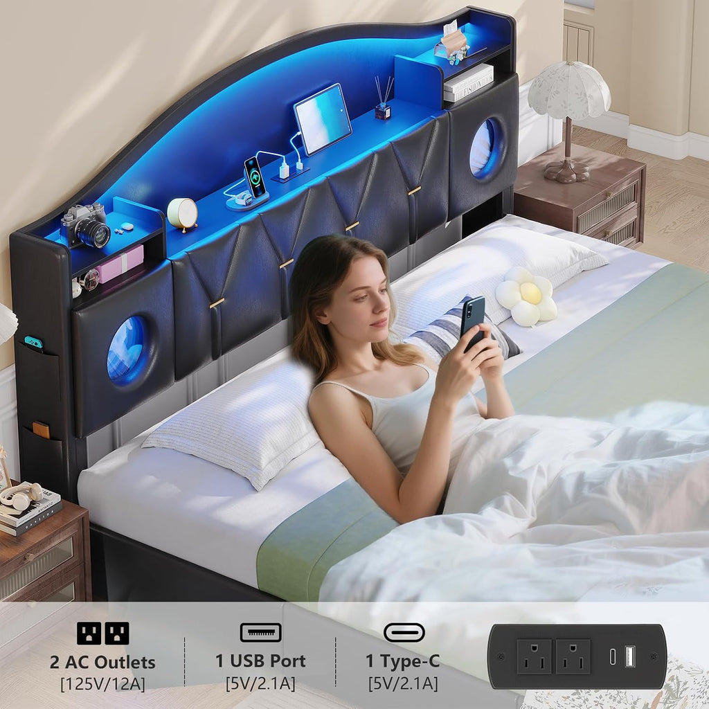 King Size Bed Frame,Bed Frame king size with 6 Large Drawers & Charging Station and LED Lights,King Bed Frame and Headboard,King Size Bed Heavy Duty Metal Frame Support, No Box Spring Needed,PU Black