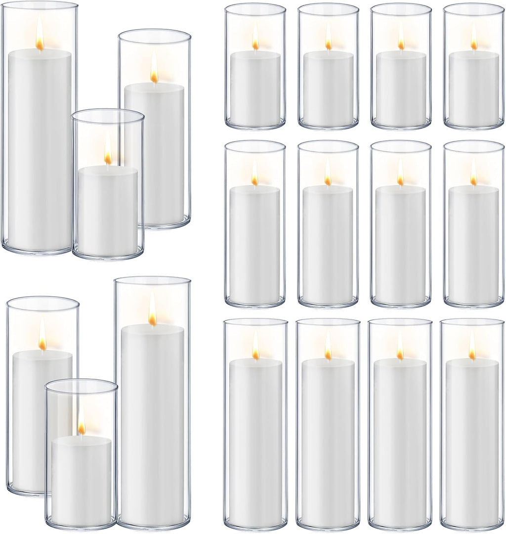 Homjoy 36 PCS White Pillar Candles with Glass Candle Holders Clear Hurricane Candle Holders Glass Cylinder Vases for Centerpieces Wedding Party, Event, Home Office (18 Candles+18 Candle Hoders)