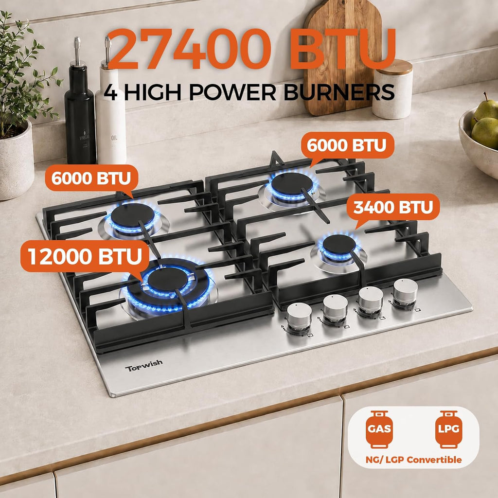 TOPWISH 24 Inch Gas Cooktop, Propane Stove Top with 4 Burners 27,400 BTU, NG/LPG Convertible Built-in Stainless Steel Stovetop with Thermocouple Protection for Kitchen, Apartments, RV