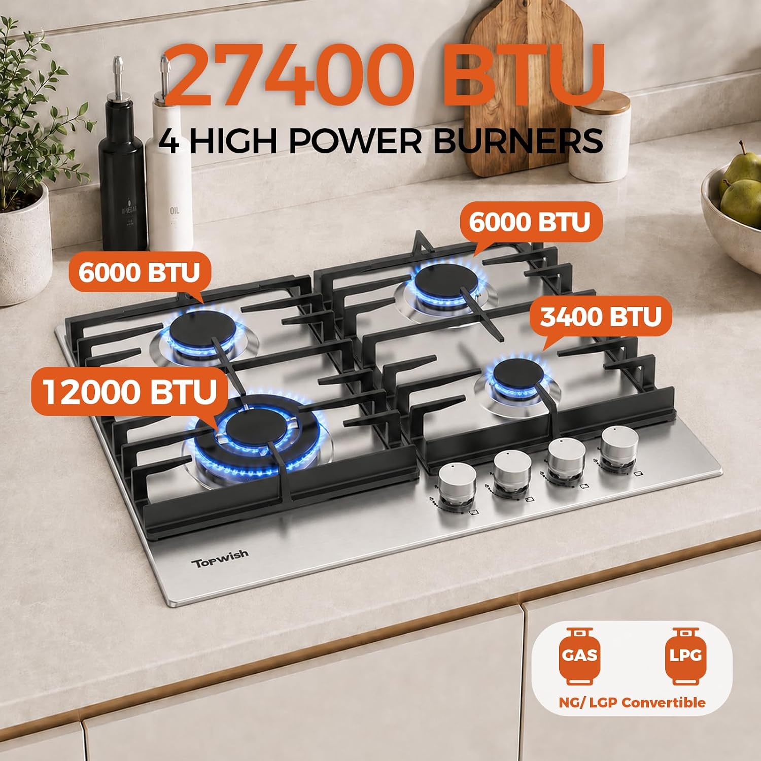 TOPWISH 24 Inch Gas Cooktop, Propane Stove Top with 4 Burners 27,400 BTU, NG/LPG Convertible Built-in Stainless Steel Stovetop with Thermocouple Protection for Kitchen, Apartments, RV