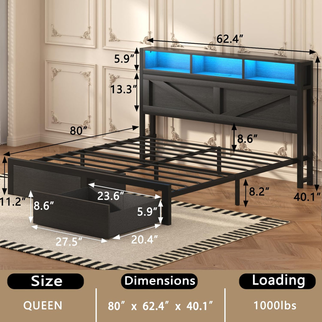 Incyneva Farmhouse Queen Bed Frame with Bookcase Storage Headboard, Charging Station, LED Light and 2 Storage Drawers, Noise Free, No Box Spring Needed, Black