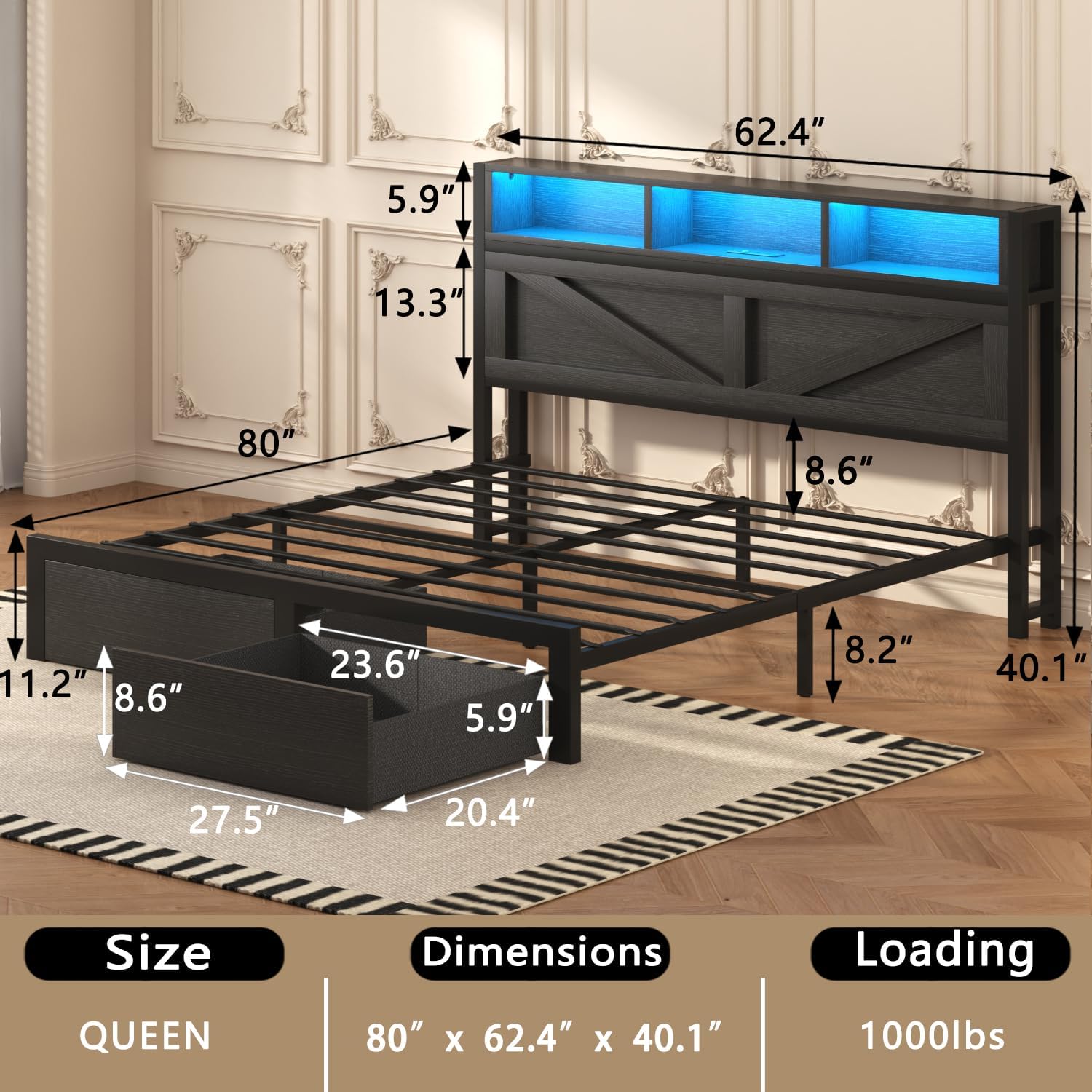 Incyneva Farmhouse Queen Bed Frame with Bookcase Storage Headboard, Charging Station, LED Light and 2 Storage Drawers, Noise Free, No Box Spring Needed, Black