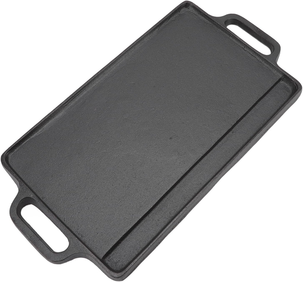 Cast Iron Grill Griddle, Double Sided Rectangular Teppanyaki Plate with Easy Grip Handles, for Barbecue Steak Chicken Pancakes Bacon Eggs (51x23CM)