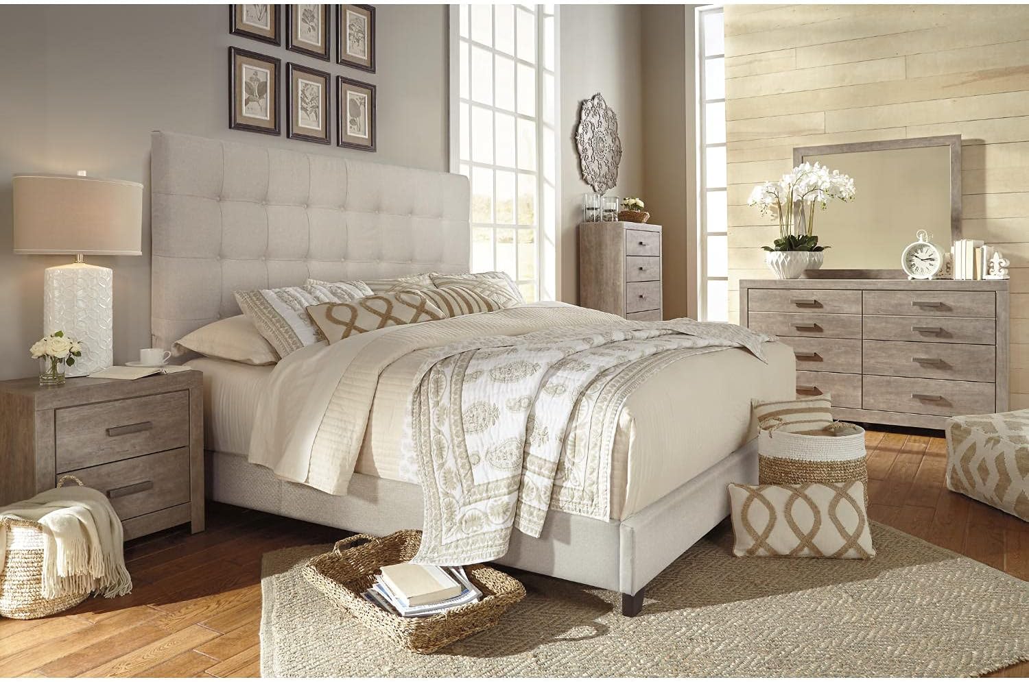 Signature Design by Ashley Dolante Queen Size Upholstered Tufted Bed Frame, Beige
