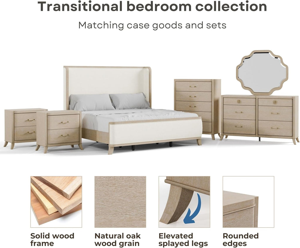 Furniture of America Saries Transitional Solid Wood 6-Piece Queen Panel Bedroom Set with USB Ports, Shelter Padded Headboard, Soft Curved Edges, Box Spring Needed, Natural Oak