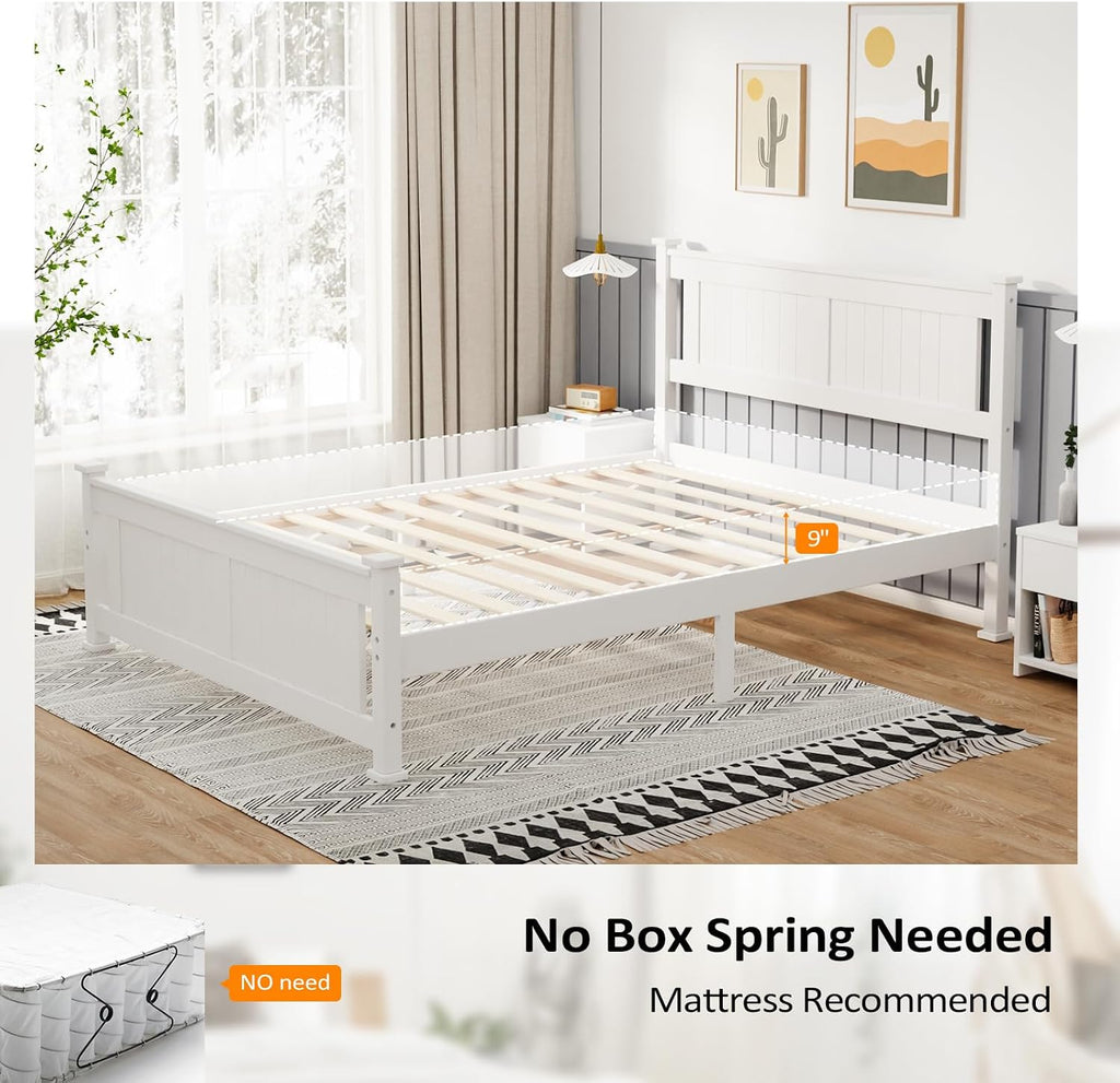 VINGLI Full Size Solid Wood Bed with Headboard, Sturdy & Durable Construction,Modern Minimalist Panel Platform Bed with Strong Support for Kids,Adults & Guests,Sleigh Bed,Crisp White