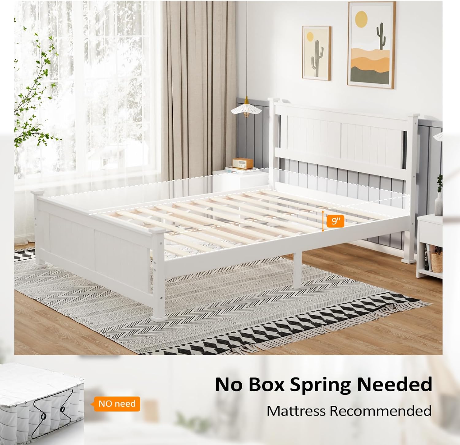 VINGLI Full Size Solid Wood Bed with Headboard, Sturdy & Durable Construction,Modern Minimalist Panel Platform Bed with Strong Support for Kids,Adults & Guests,Sleigh Bed,Crisp White