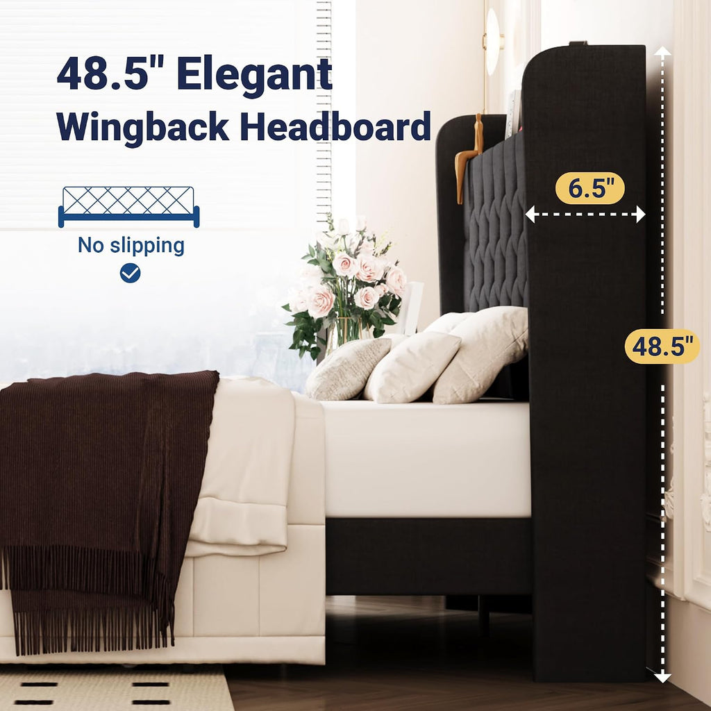 Allewie Full Size Bed Frame, Storage Headboard with Charging Station, Wingback Linen Upholstered, Diamond Stitched Button Tufted, Sturdy Wooden Slats, No Box Spring Needed, Easy Assembly, Dark Grey