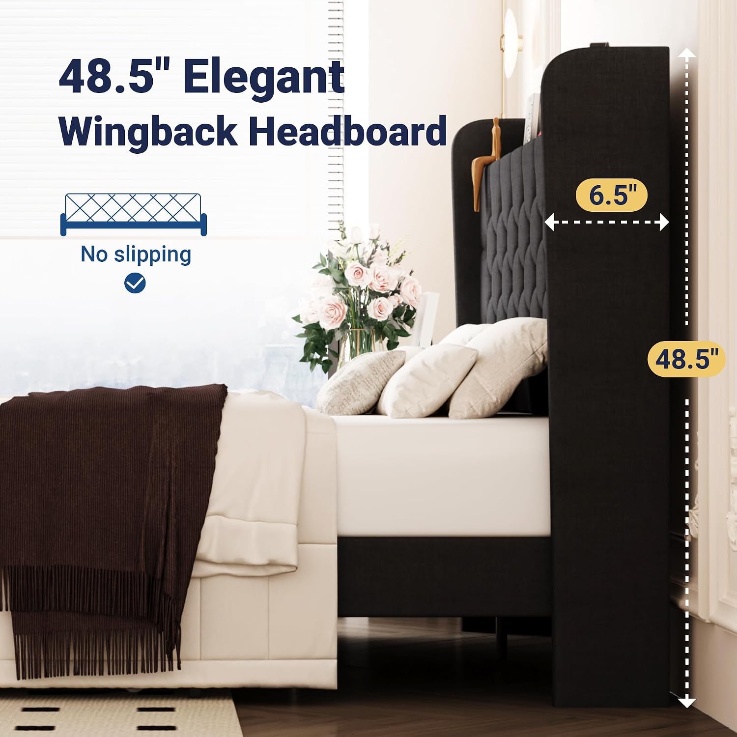 Allewie Full Size Bed Frame, Storage Headboard with Charging Station, Wingback Linen Upholstered, Diamond Stitched Button Tufted, Sturdy Wooden Slats, No Box Spring Needed, Easy Assembly, Dark Grey