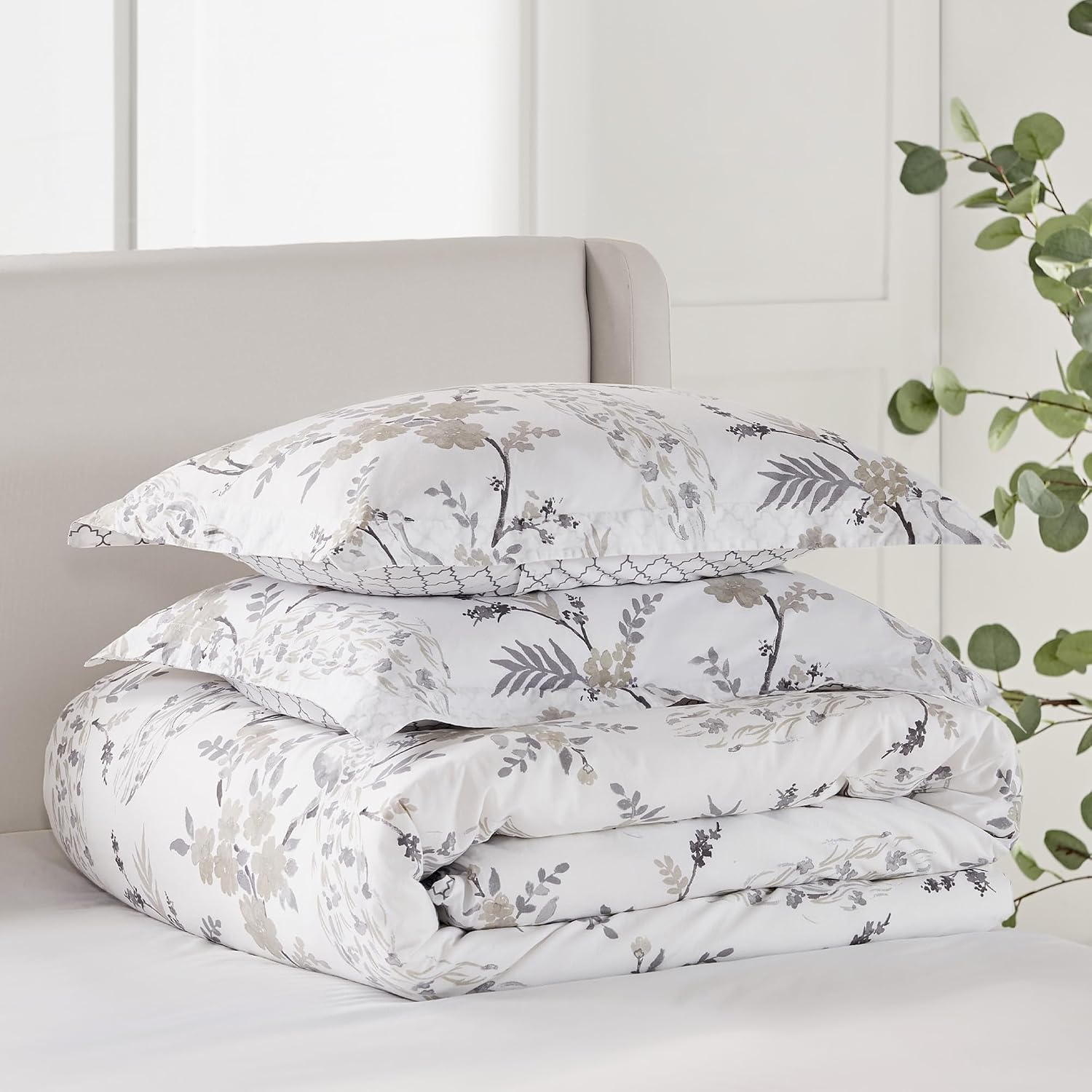 Levtex Home Pisa Reversible King Duvet Cover Set (106x94in) with 2 Pillowcases (36x20in) - Floral Peacock - Grey, Taupe - Cotton King Size Duvet Cover Set - Soft, Pre-Washed
