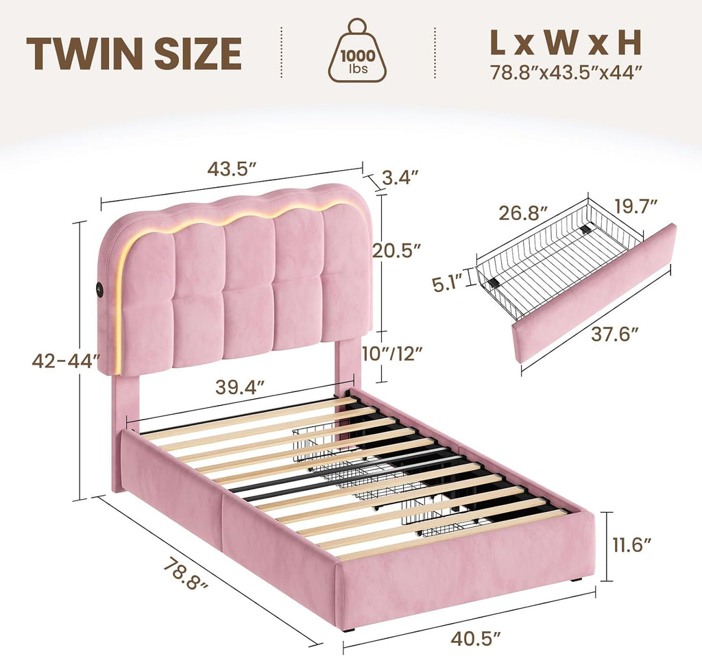 CypBed Twin Bed Frame with Storage Drawers and Headboard, Velvet Upholstered LED Platform Bed Frame for Kids – Sturdy Metal Cloud Bed Frame Twin with Wood Slats Support, No Box Spring Needed, Pink