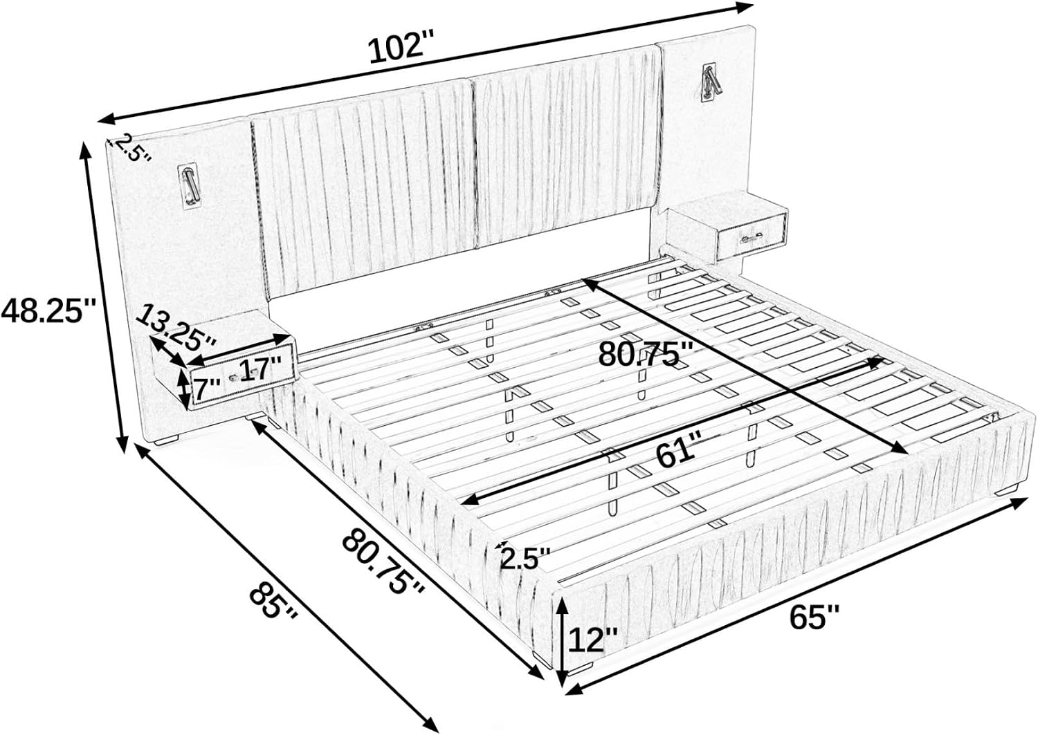 KEIKI Queen Size Chenille Bed Frame with 2 Nightstands, Lamps & Oversize Headboard, Solid Wood Frame Platform Night Stand Bedroom Set, Upholstered Floor Grounded Bed, No Box Spring Needed, Beige