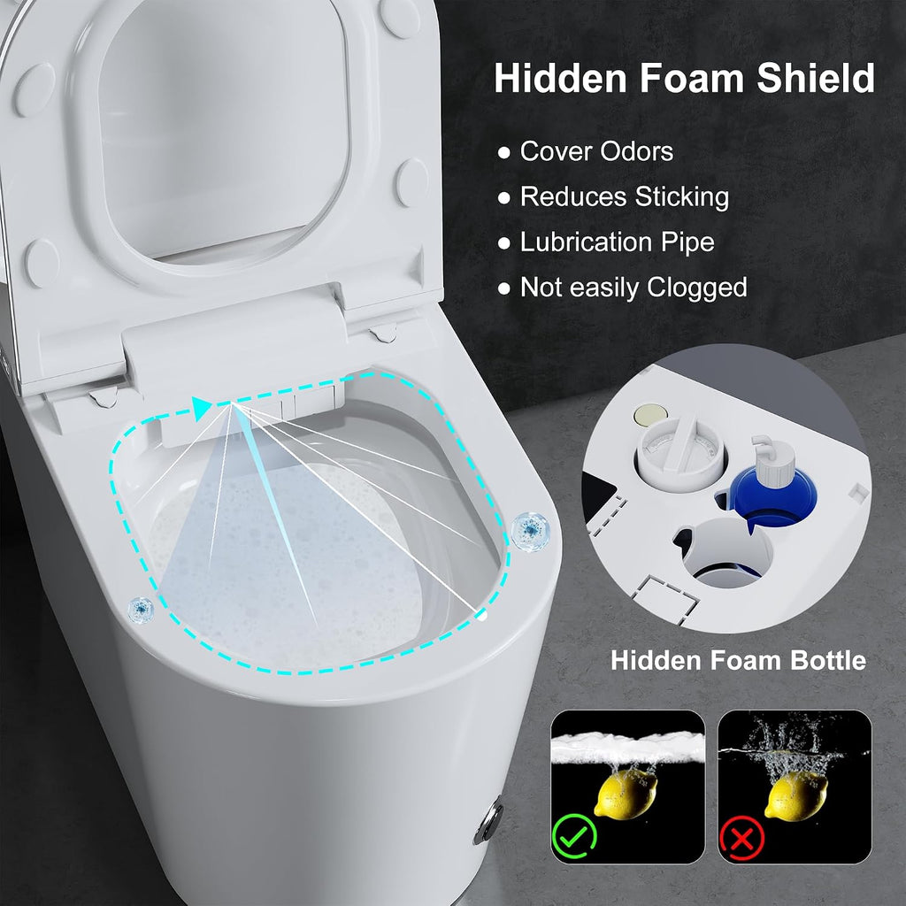 TDH Smart Toilet with Bidet Built in,Foam Shield, Blackout Flushing,Heated Seat with Instant Water, Aromatherapy Tablet,Foot Sensor Auto Open/Close,Ambient Lighting for Bathrooms