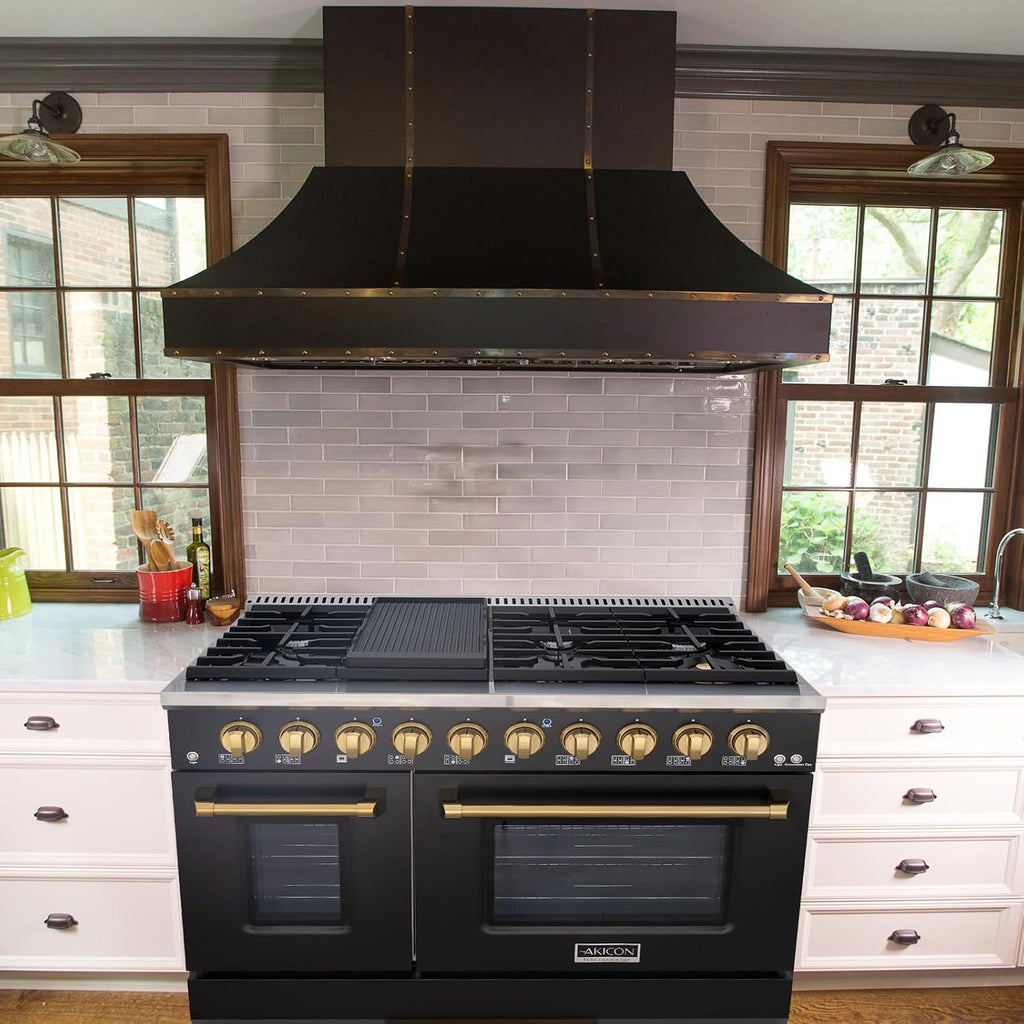 Akicon 48 Inch Freestanding Gas Range - 6.7 cu. ft. Double Rapid Convection Gas Oven - Gas Stove with 8 Sealed Burners & a Griddle, Heavy Duty Cast Iron Grates (Black & Gold)