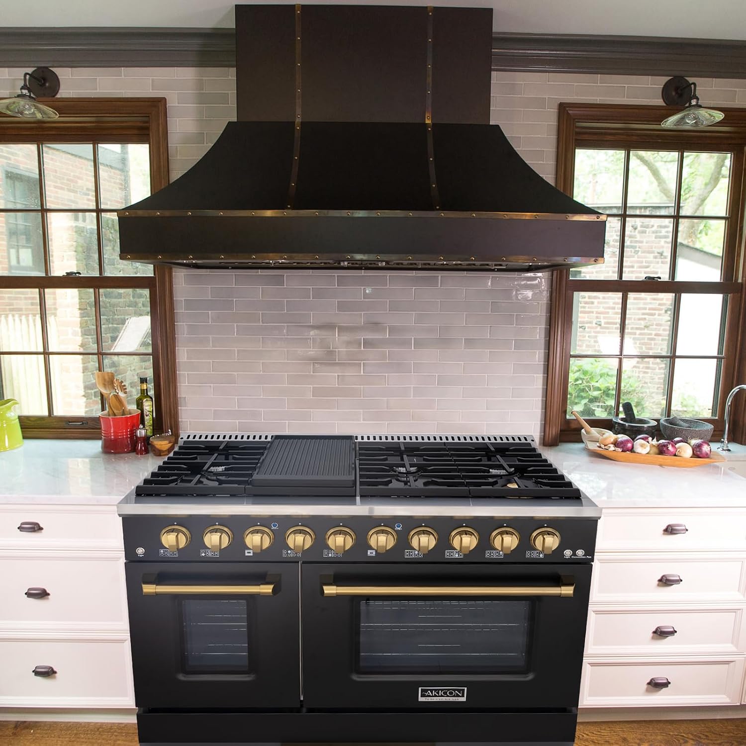 Akicon 48 Inch Freestanding Gas Range - 6.7 cu. ft. Double Rapid Convection Gas Oven - Gas Stove with 8 Sealed Burners & a Griddle, Heavy Duty Cast Iron Grates (Black & Gold)