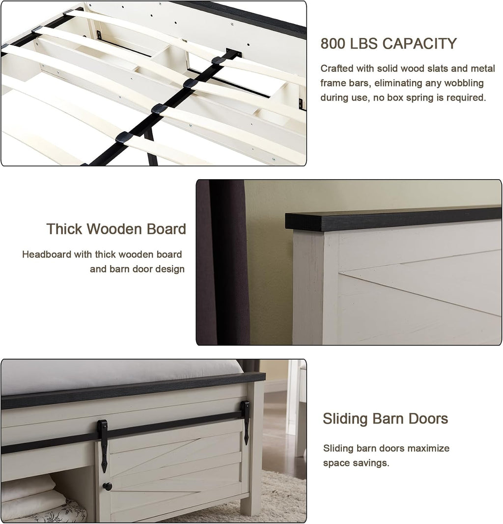 JXQTLINGMU Farmhouse Queen Size Bed Frame with 47' Tall Headboard, Wood Queen Bed Frame with Storage Cabinet, Solid Wood Slats Support, Noiseless, No Box Spring Needed (Antique White)