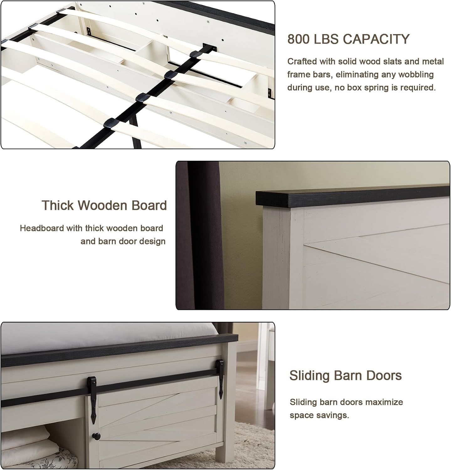 JXQTLINGMU Farmhouse Queen Size Bed Frame with 47' Tall Headboard, Wood Queen Bed Frame with Storage Cabinet, Solid Wood Slats Support, Noiseless, No Box Spring Needed (Antique White)