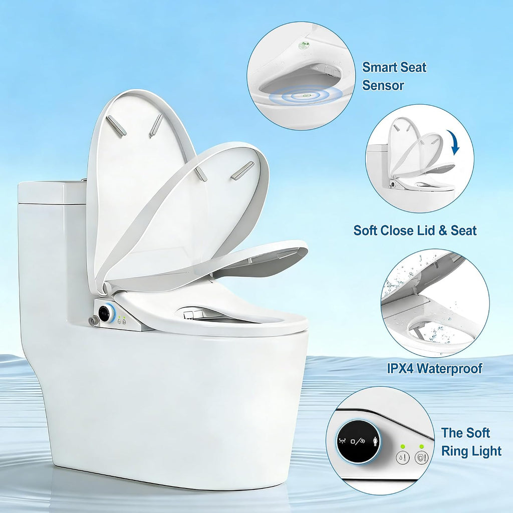 Electric Smart Bidet Toilet Seat with Remote Control, Heated Seat, Instant Warm Water & Air Dryer, Advanced Safety Features, Stainless Steel Nozzle, Slow Close Lid, Silent, Elongated, White