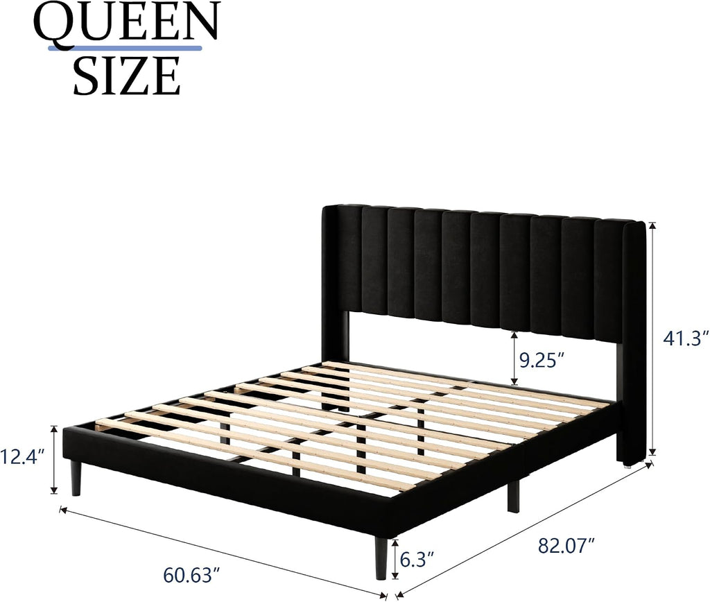 Gruwans Queen Size Bed Frame with Upholstered Wingback Headboard, Easy Assemnly Platform Bed, Wooden Slat Support No Box Spring Needed, Black Velvet