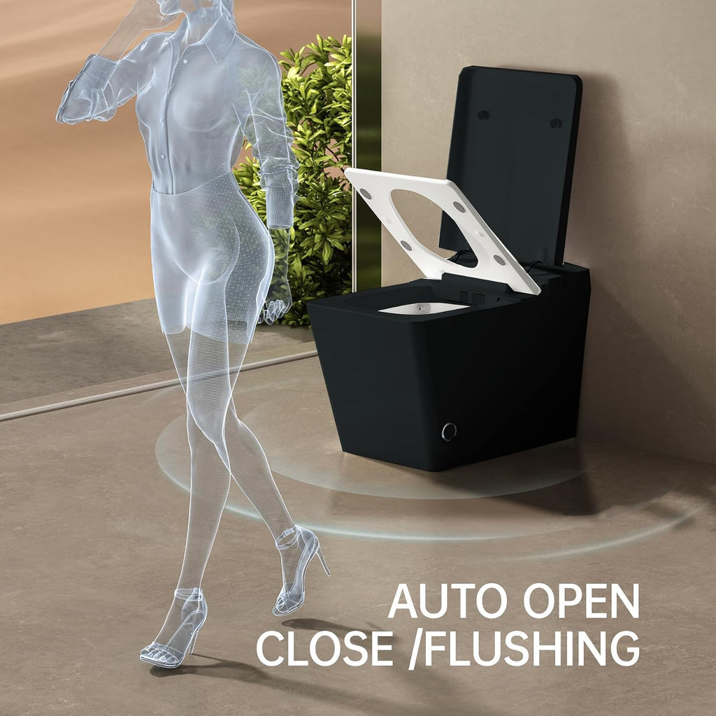 WinZo Square Smart Toilet for Bathroom with Built-in Tank, Remote Control, Intelligent Toilet with Auto Open/Close Lid, Auto Flush, Heated Bidet Seat, Warm Water and Dry,LED, Black
