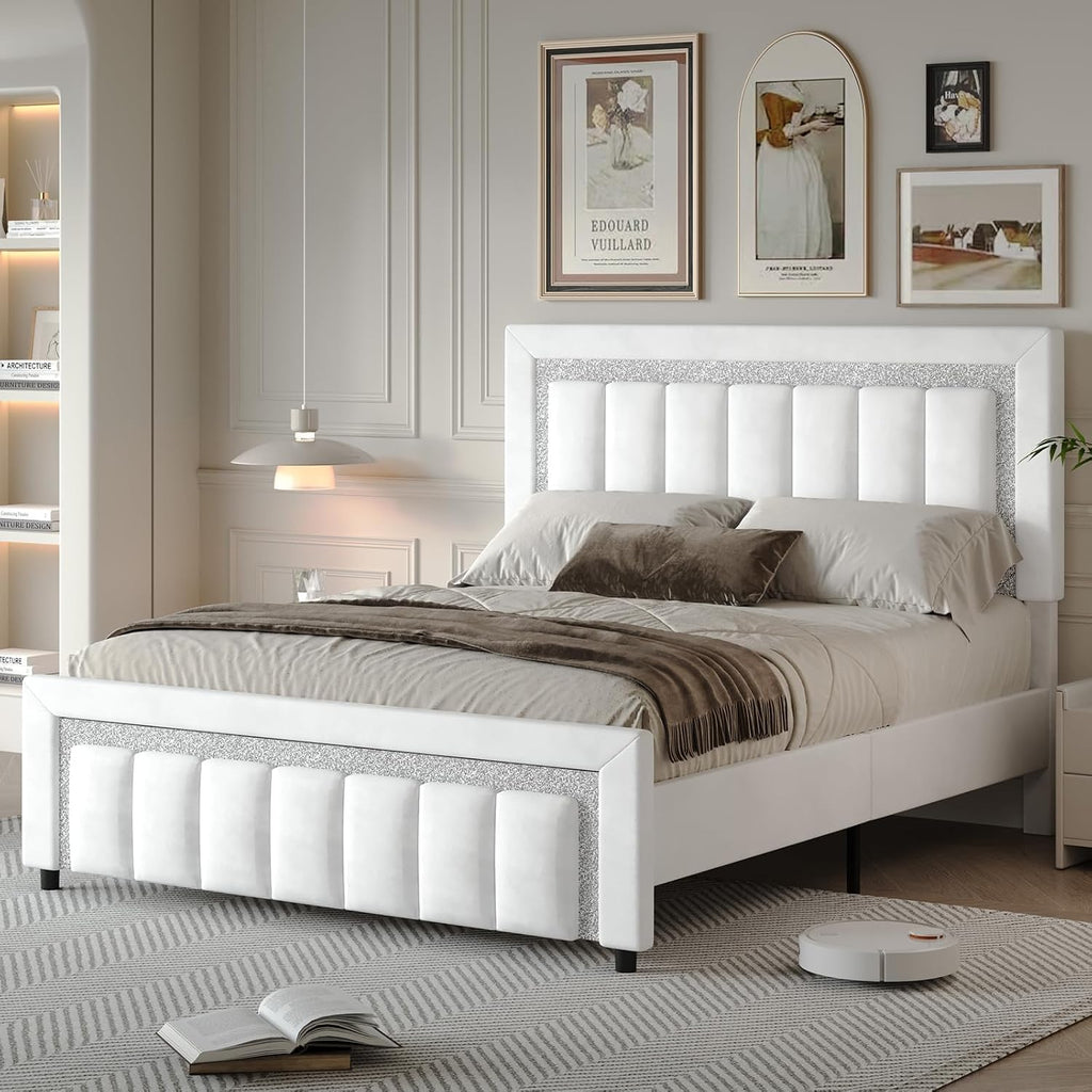 HOMBCK Bed Frame Queen Size with Diamond Headboard, Velvet Upholstered Platform Bed with Headboard and Footboard, Wooden Slats Support, No Box Spring Needed, Easy Assembly, White