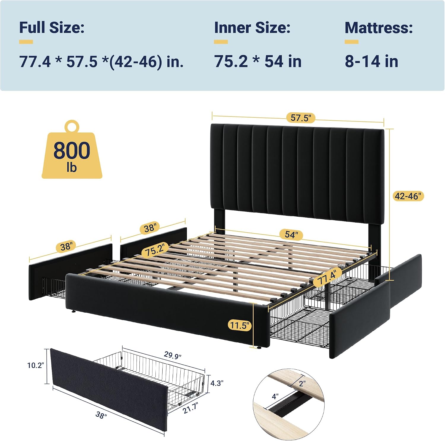 Allewie Full Size Storage Bed Frame, Vertical Channel Tufted Adjustable Headboard, Velvet Upholstered Platform Bed with 4 Oversized Underbed Drawers, Wooden Slats Support, No Box Spring Needed, Black