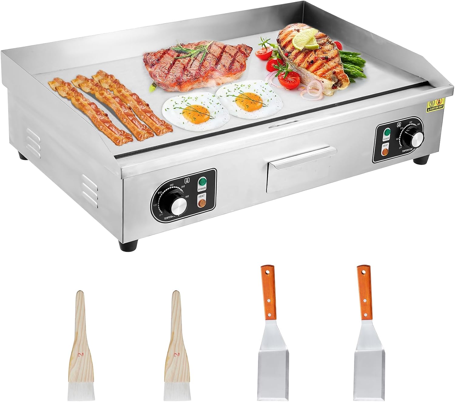 Commercial Electric Griddle 14' – Stainless Steel Non-Stick Teppanyaki Flat Top Grill – 122°F-572°F Adjustable Temperature, 1500W/3000W, 2 Shovels & 2 Brushes, Indoor Countertop,